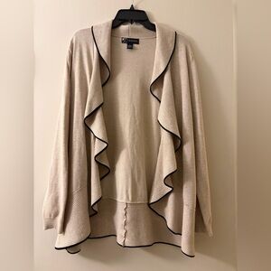 80 Park Women’s Tan Cardigan with Black Trim and Ruffled Waterfall Drape Front